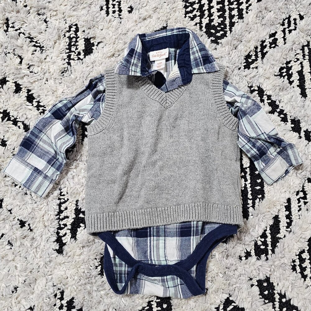 Cat & Jack Baby Boy Plaid ButtonUp Long Sleeve Bodysuit & Gray Sweater Vest 3-6M